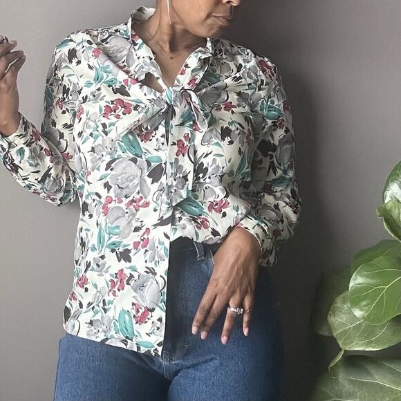 Vintage ACT III Button Up Blouse Tie Neck Secretary Floral Print Women’s Size L - Picture 11 of 12